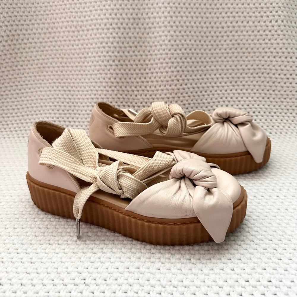 Fenty X Puma Rihanna Beige Pink Creeper Bow Lace Up Creeper Sandals Flats 7